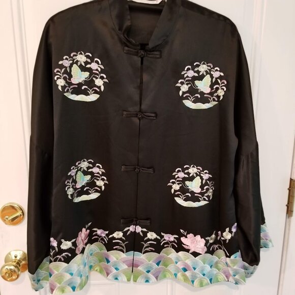 Victoria Secret M/L Asian Black Silk Embroidered Butterfly Jacket Lounge Top - Picture 1 of 10